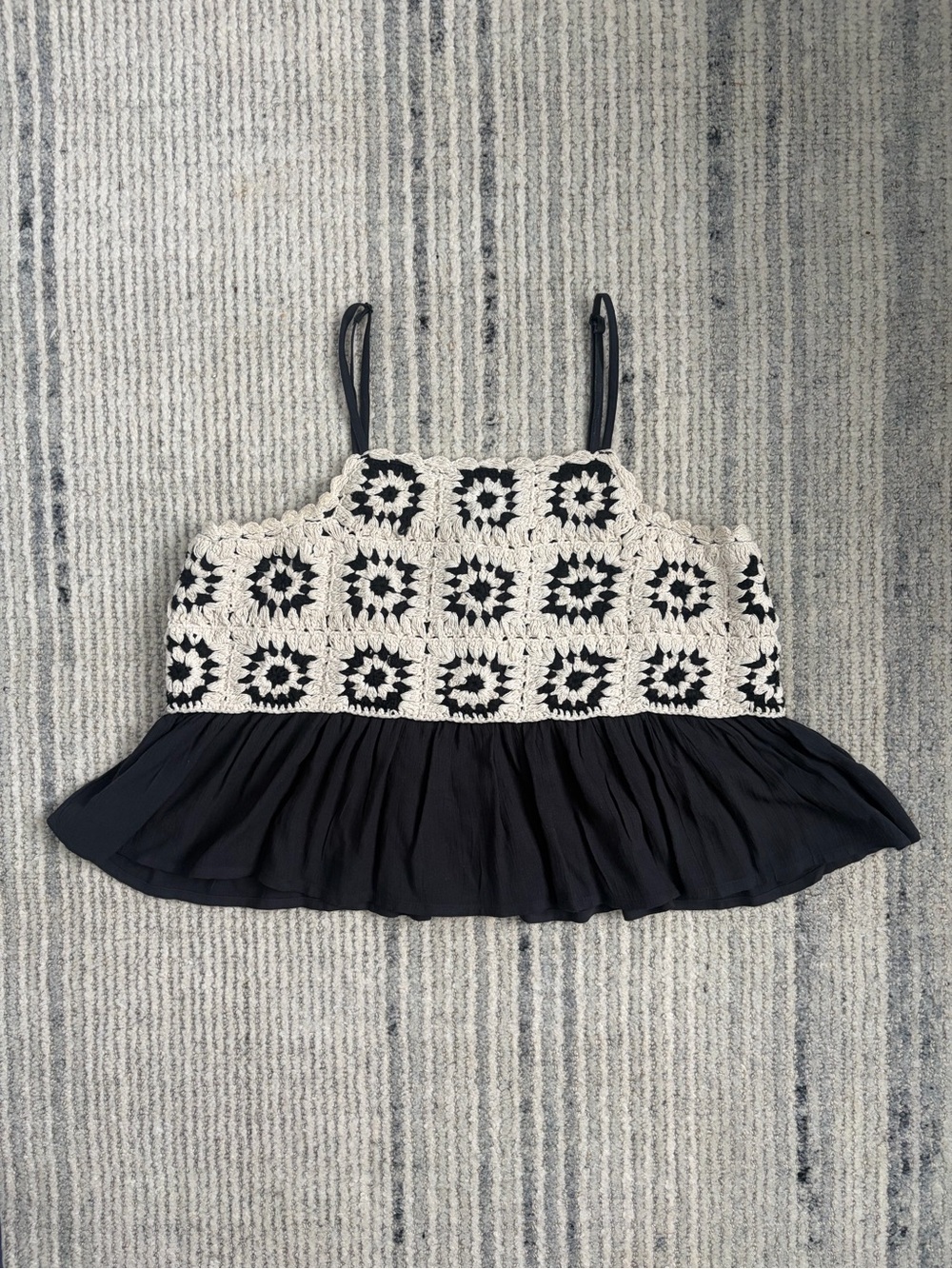 Lucky Brand Black and Cream Crochet Peplum Camisole Size S
